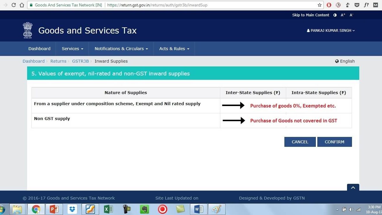 18 gstr3b details 5 values of exempt, nil rated and non gst inward supplies